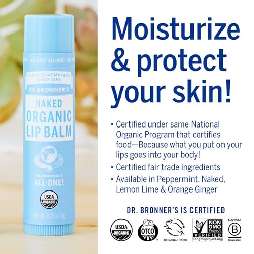 Dr. Bronner's - Organic Lip Balm (Naked, .15 ounce, 6-Pack) - Unscented, Made with Organic Beeswax & Avocado Oil, For Dry Lips, Hands, Chin or Cheeks